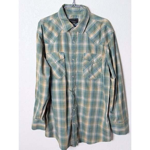 High Noon Western Pearl Snap Long sleeve Button Shirt Mens  L Blue Plaid Cowboy - Picture 1 of 9